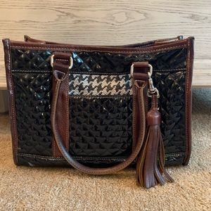 Black quilted patent Consuela tote